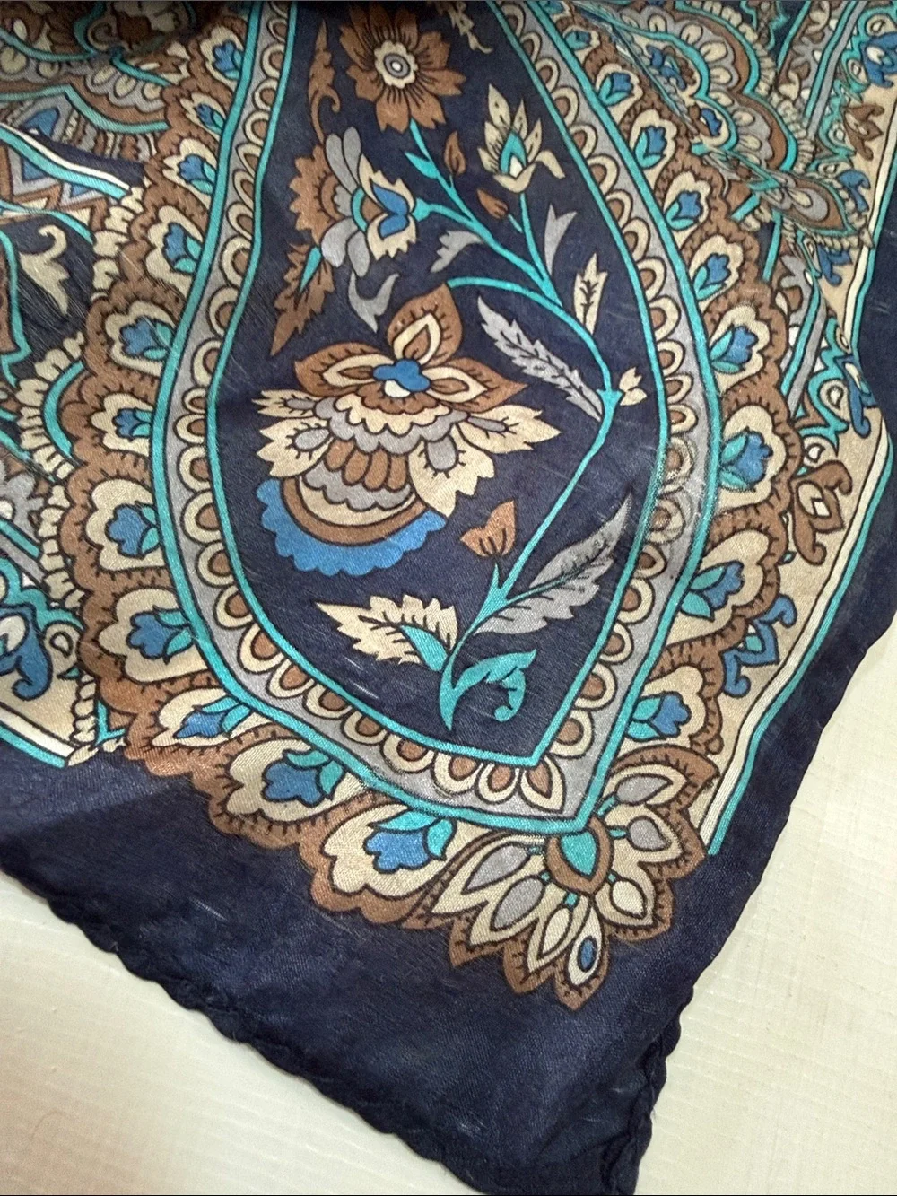 Zara Vintage Navy Paisley Floral Silk Scarf 🧣 with Teal and Tan Accents 25” Sq